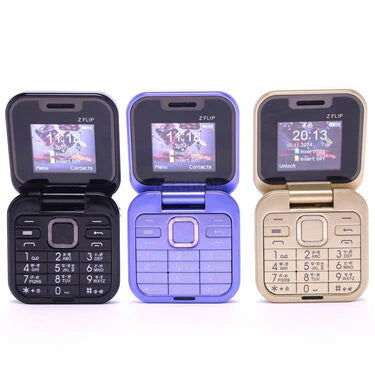 Dual SIM flip phone with camera and four languages (including Hindi).