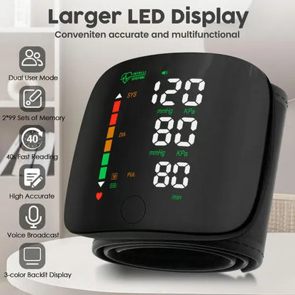 Rechargeable Wrist Blood Pressure with LED Touch Screen, Voice Broadcast & 99x2 Memory — Accurate Home BP Tracking Made Simple,5.3 - 7.6 inches