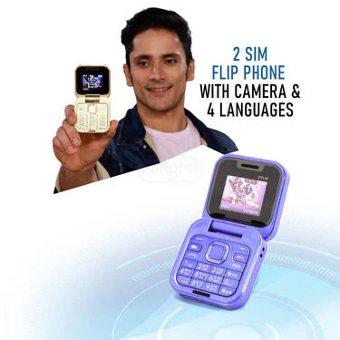 Dual SIM flip phone with camera and four languages (including Hindi).