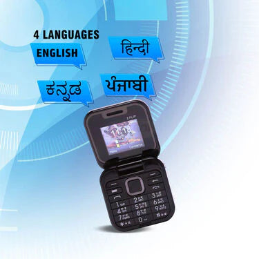 Dual SIM flip phone with camera and four languages (including Hindi).