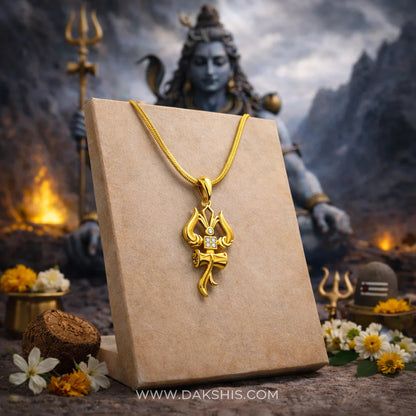 The Trident, Om and Damaru—Shiva's drum—form a sacred triadic necklace, symbolizing strength and protection.