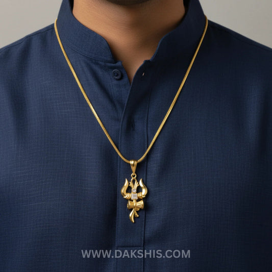 The Trident, Om and Damaru—Shiva's drum—form a sacred triadic necklace, symbolizing strength and protection.