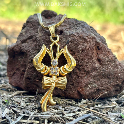 The Trident, Om and Damaru—Shiva's drum—form a sacred triadic necklace, symbolizing strength and protection.